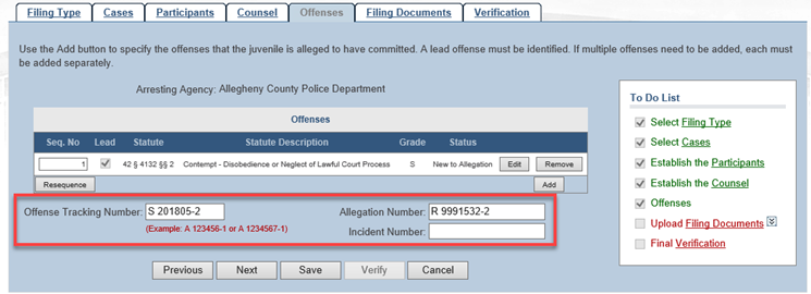Displays the Offense Tracking Number, Allegation Number, and Incident Number fields on the Offenses tab.